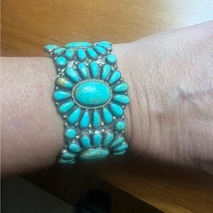 Navajo Turquoise Blossom Sterling Silver Cuff Bracelet Larry Moses Begay Signed